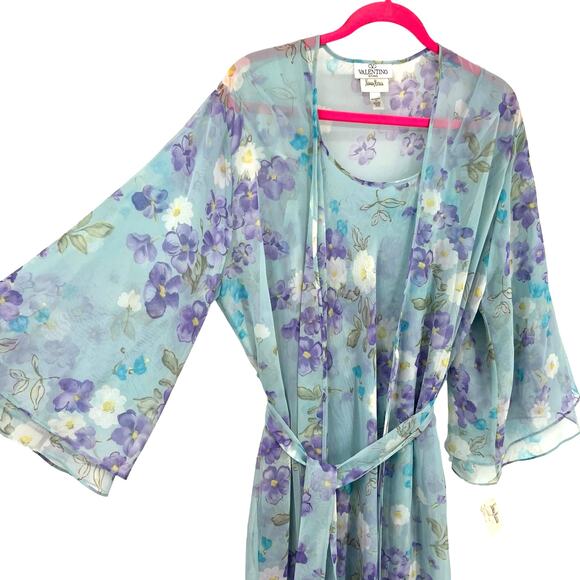VTG Valentino Intimo Blue Floral Lingerie Gown Matching Robe 2 PC Set Petite NEW - Picture 6 of 16